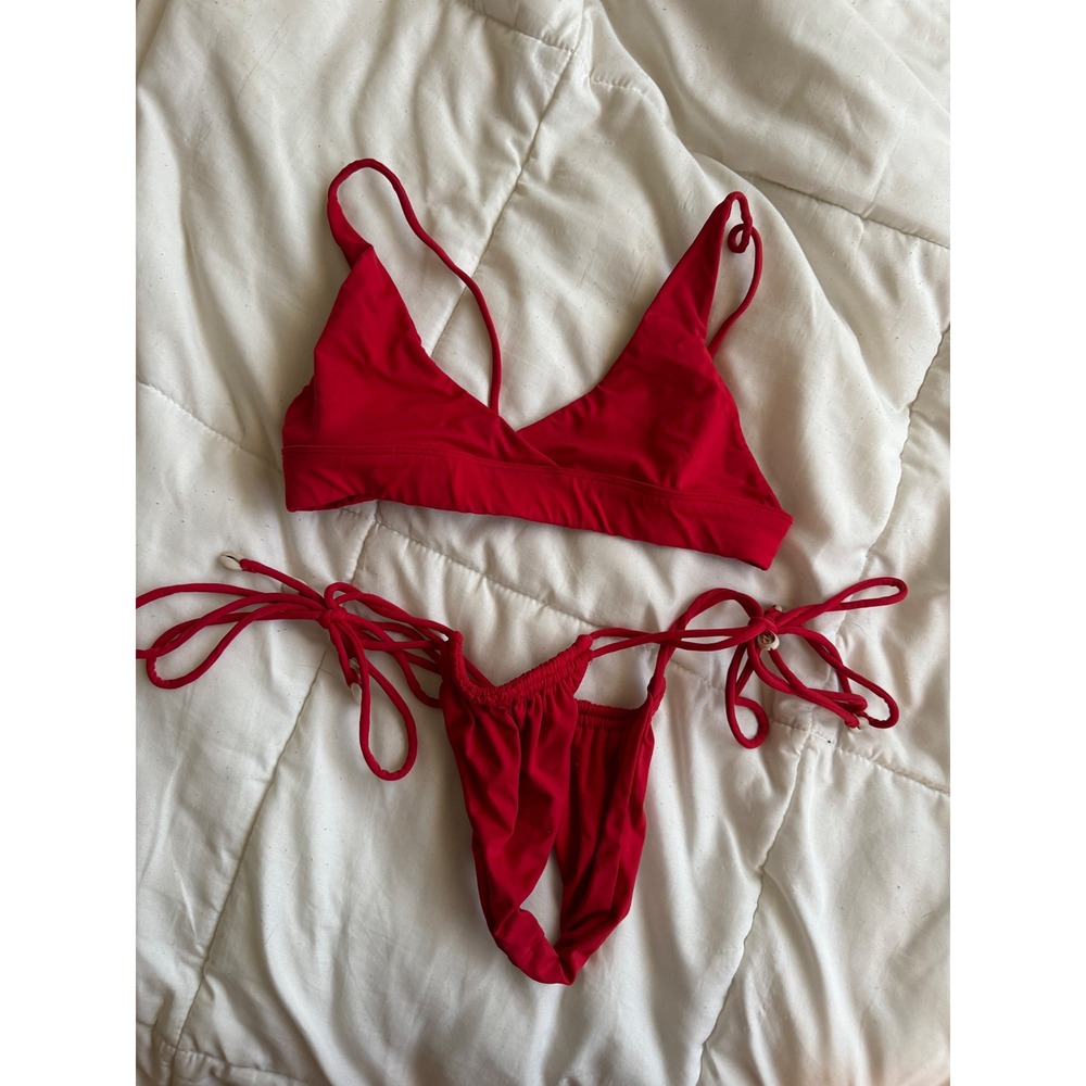 Indah Women's Red V-Neck Tie-Side Shell Accents Bikini Set